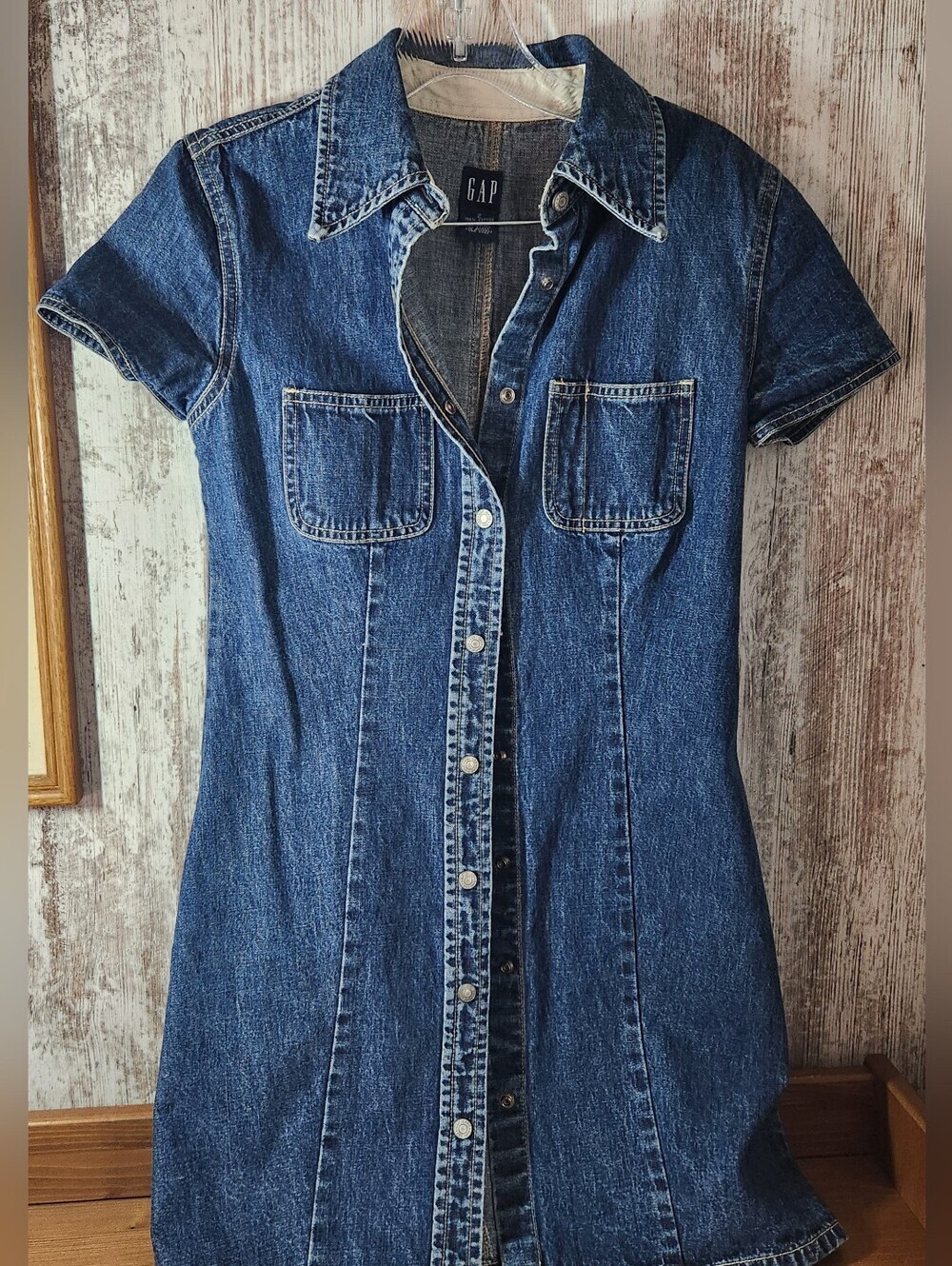 GAP Short-Sleeve Denim Button-Front Midi Dress in Dark Blue